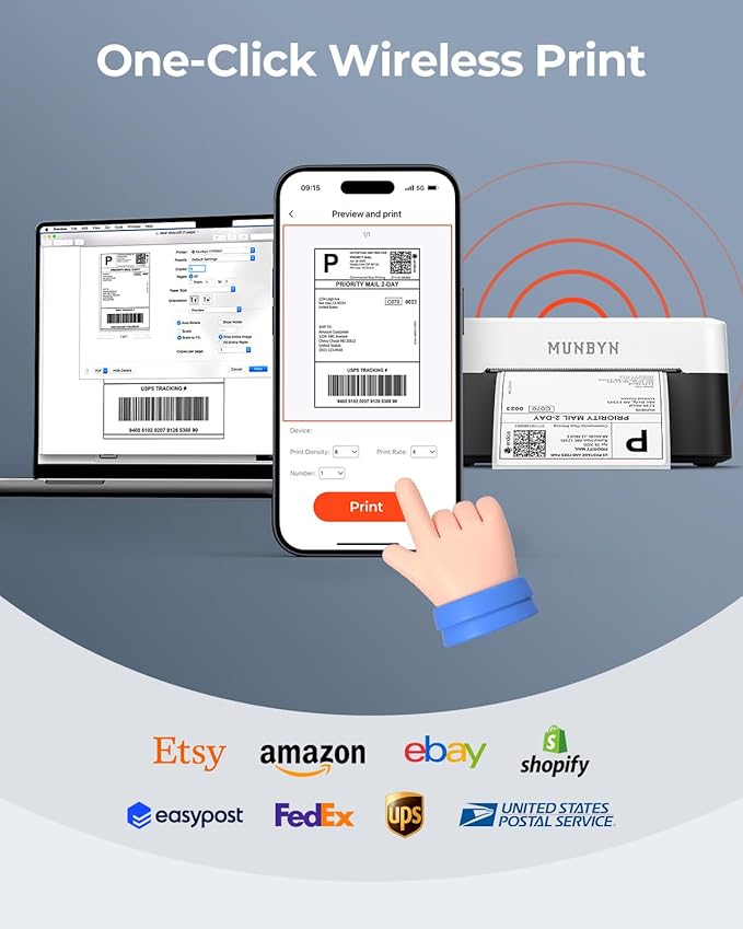 MUNBYN Bluetooth Thermal Label Printer RW403B, Wireless 4x6 Shipping Label Printer for Small Business, Compatible with Android, iPhone, Windows, Mac, Chromebook, Print Width 1.57"-4.25"