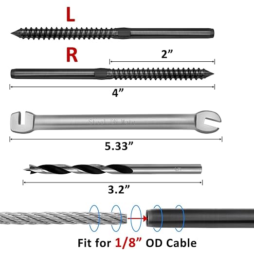 Steel DN Mate T316 Stainless Steel Left&Right Handed Thread Swage Lag Screws for Wood Post of 1/8" Deck Cable Railing Kit,120 Packs Black Stair Railing Kit, DIY Baluster Hardware, Wrench Included