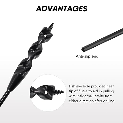 HUAALIUCHE 48" Flexible Installer Drill Bit for Pulling Wires in Walls, Ceilings, and Sidewalks, 9/16" Auger with Screw Point & Fish Eye, 3/16" 3-Flat Shank for Wood & Conduits