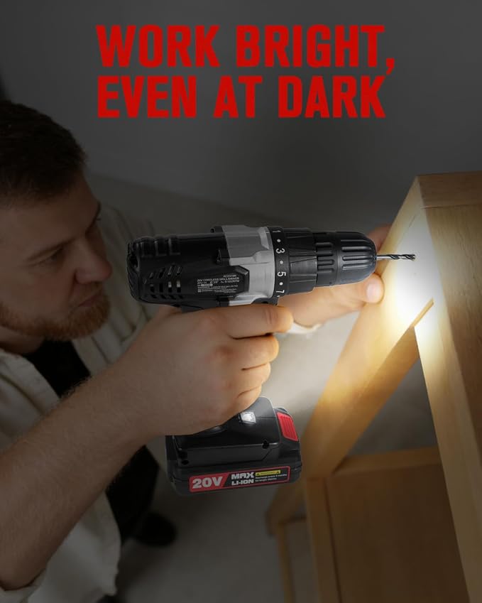 Cordless Drill Set with Battery and Charger, AVID POWER 20V MAX Lithium lon Power Drill Kit, 550RPM Variable Speed & 3/8-Inch Keyless Chuck,16 Position and 22pcs Drill Bits(Black)