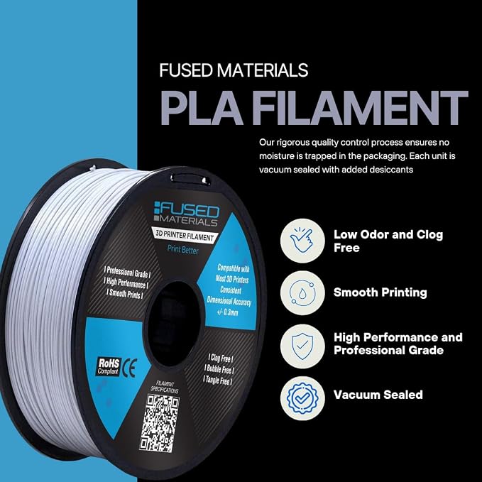 Fused Materials White PLA 3D Printer Filament - 1kg Spool, 1.75mm, Dimensional Accuracy +/- 0.03 mm, (White)
