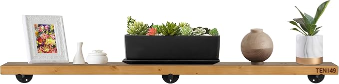 TEN49 Industrial Pipe Wood Wall Shelf - 60" Real Wooden Shelf w/ Special Walnut Color & 1.8" Extra Thickness - Modern Interior Decor Floating Shelves - Rustic Farmhouse Style Bookshelf - Set of 2