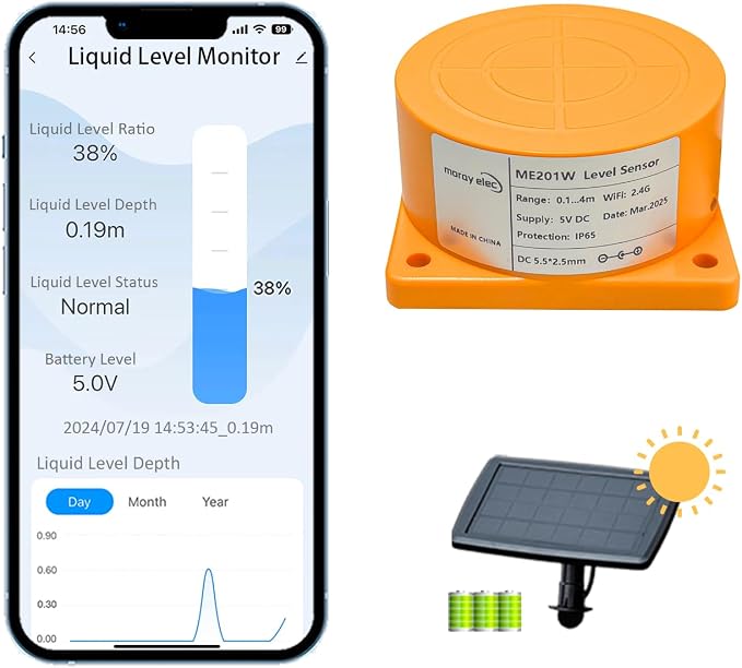 Moray Smart WiFi Water Level Sensor Water Tank Level Monitor Oil Tank Gauge Sensor Automatic Alarm Indicator for Tuya Smart Life Mobile APP Smart Home Remote Solar Power (ME201WS)