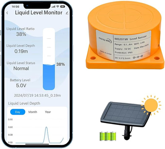 Moray Smart WiFi Water Level Sensor Water Tank Level Monitor Oil Tank Gauge Sensor Automatic Alarm Indicator for Tuya Smart Life Mobile APP Smart Home Remote Solar Power (ME201WS)