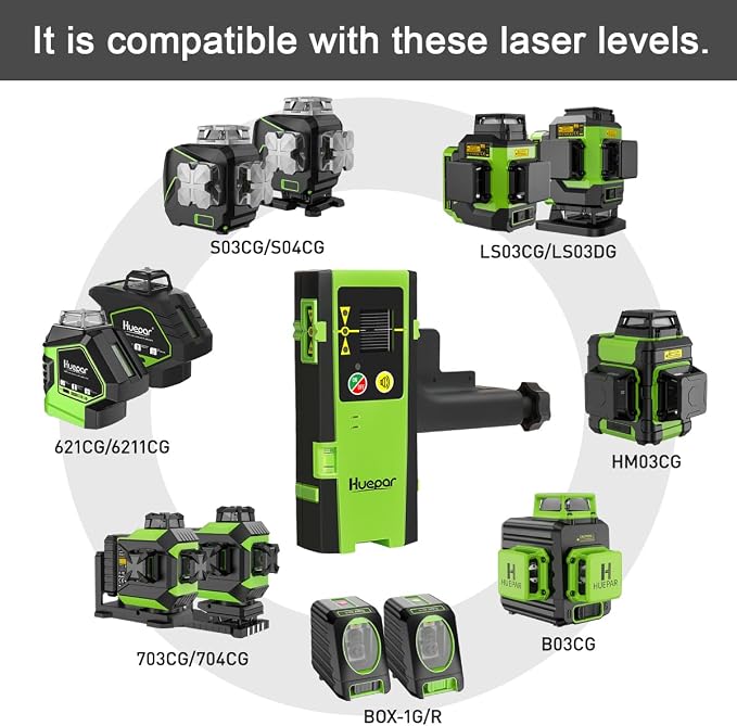 Huepar Laser Detector LR-6RG for Huepar/Pro Laser Levels, Only Compatible with Huepar & Pro Laser Levels with Pulse Mode, Detect Green&Red Beams Laser Receiver, Up to 200Ft, Three-Side LED Display