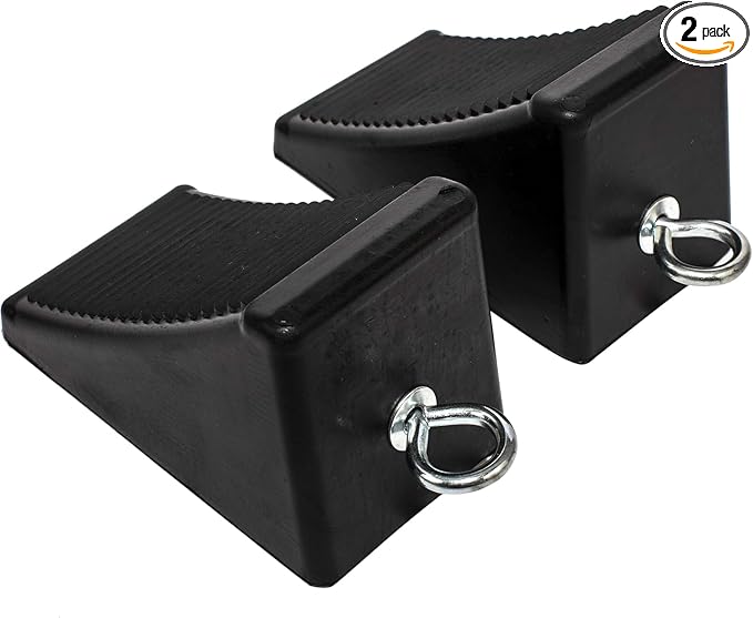 MaxxHaul 50011 Heavy-Duty Rubber Wheel Chocks with Eyebolt, Anti-Slip Design for Trailers, RVs, and Trucks (6.5" x 3.75" x 4") - 2 Pack