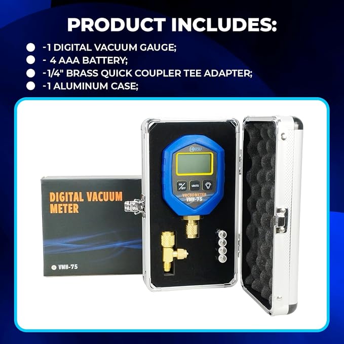 Hiatsu VMH-75 Digital Vacuum Gauge – Aluminum Case, Ultra-Wide Range 1 ATM to 0.1 Pa, High Accuracy HVAC/Refrigeration Tool for Technicians & Professionals