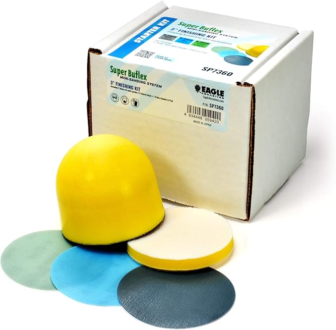 Eagle Abrasives Super Buflex 3 inch Sanding Disc Starter Kit, SP7360, K2000 - K3000, 15 Discs + 1 Interface Pad + Palm Sander