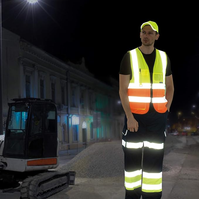 A-SAFETY High Visibility Reflective Vest with 7 Pockets, Zipper, Yellow, S | Yellow S work vest with 7 pockets, clear ID pocket and radio mic loop for construction and utility work; unisex workwear.