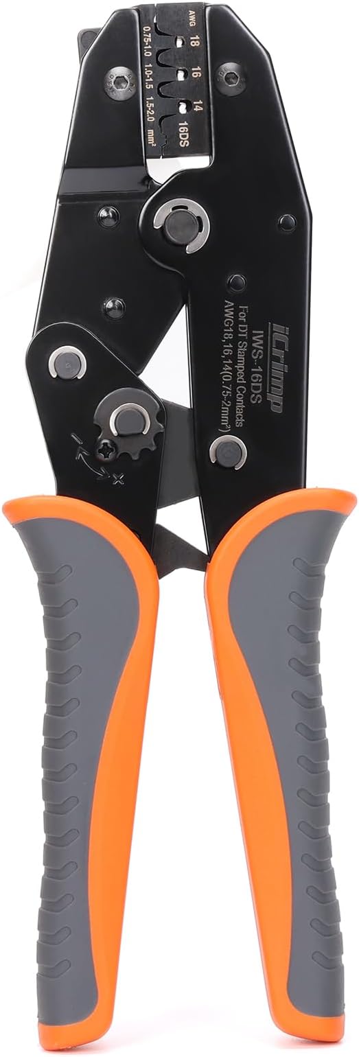 iCrimp Ratchet Crimp Tool for Deutsch DT 16 Stamped Contacts | Fits 14-18 AWG wire, precise positioning, IWS-16DS crimper, open barrel crimp, for automotive wiring repair