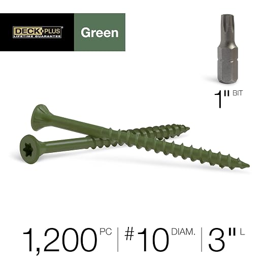 Deck Plus 3 Inch Epoxy Coated Exterior Wood and Fence Screws #10 x 3 Torx/Star Drive Included Coarse Thread, Outdoor Rust Resistant Decking Screw, Green, 25lb Box, 1500 Pieces | 48711