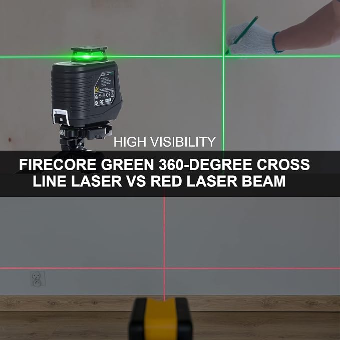Firecore Laser Level 360 Self Leveling, 82 Ft Green 360° Cross Line Laser, 3 Brightness Adjustment, Pulse Mode, Magnetic Bracket, Carrying Pouch, for Picture Hanging Shelves Cabinets Home DIY Project