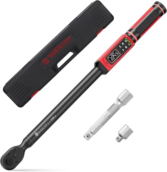 SUERCUP 1/2" Drive Digital Torque Wrench, 3.8-250.8Ft.Lb/5.1-340Nm, ±1% Accuracy, Electronic Torque Wrench with Vibration/Buzzer/LED, 9 Presets & 5 Units, for Lug Nuts, Suspension, Brakes & Moto