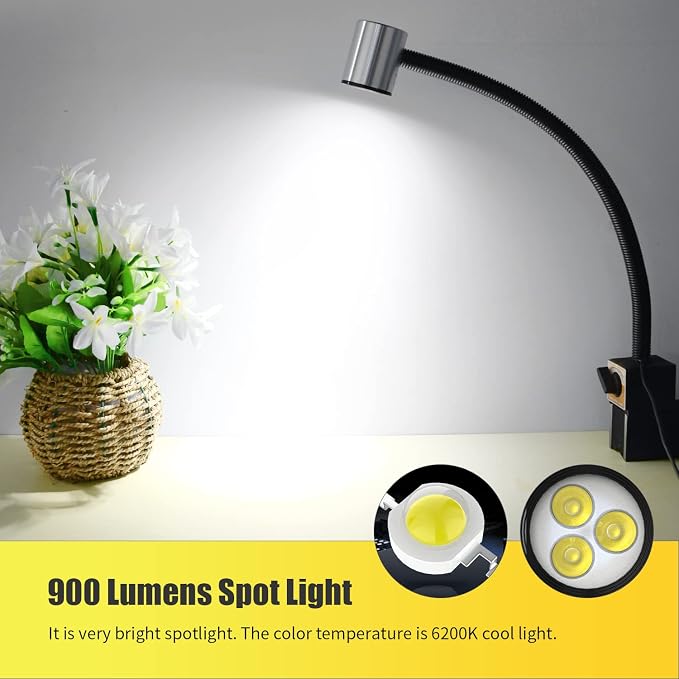 Led Magnetic Machine Work Light IP65 Water Proof Flexible Gooseneck lamp 900 Lumens 120 Volt for Lathe Milling Drill Press Industrial Lighting