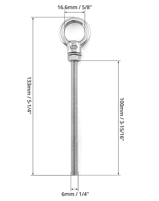QWORK Threaded Eyebolts, 50 Pack 1/4" x 4" Long Stainless Steel Marine Grade Shoulder Eye Bolt M6