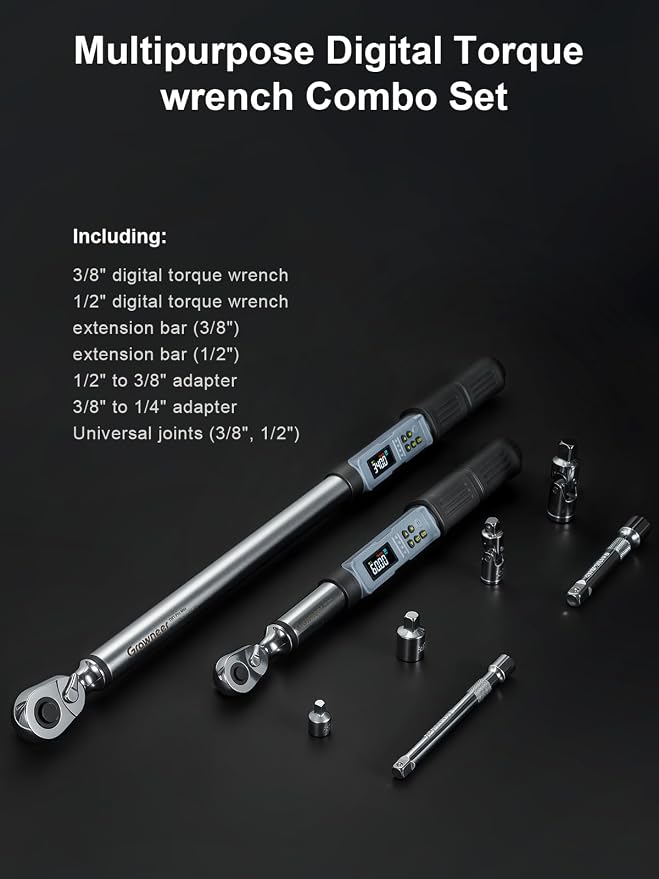 GROWNEER Digital Torque Wrench Set, 3/8" 2.2-44.3 Ft-lbs/3-60 Nm & 1/2'' 12.5-250.7 Ft-lbs/17-340 nm, Torque Wrench Digital Combo with Buzzer & LED Indicator, Bits & Sockets for Motor Car Repair