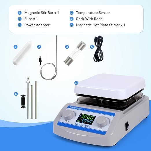 6 inch Magnetic Stirrer Hot Plate with Temp Probe Holder - Ceramic Coated Lab Stirrers, 300°C (572°F), 2000 RPM, Max 5L Capacity, 110V 500W, LED Digital Display, Includes Stir Bar & Fuse