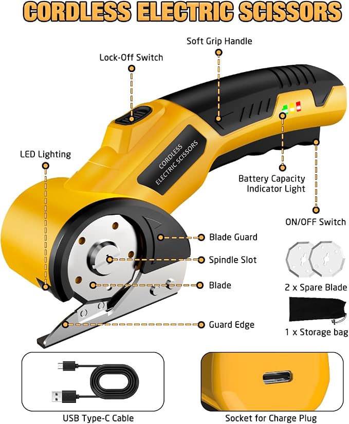 Cordless Electric Scissors,4V Rechargeable Cardboard Cutter Heavy Duty Scissor with Safety Lock & LED Light for Box Carpet Plastic Fabric(Yellow)