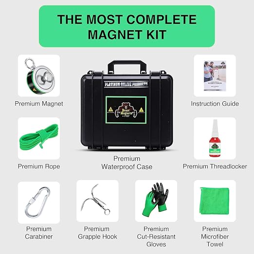 2000LB’s Complete Magnet Fishing Kit | Double Sided Fishing Magnet Kit with Case | Includes Strong Neodymium N52 Magnets, Durable 65ft Rope, Carabiner, Gloves, Grappling Hook & Carry Case