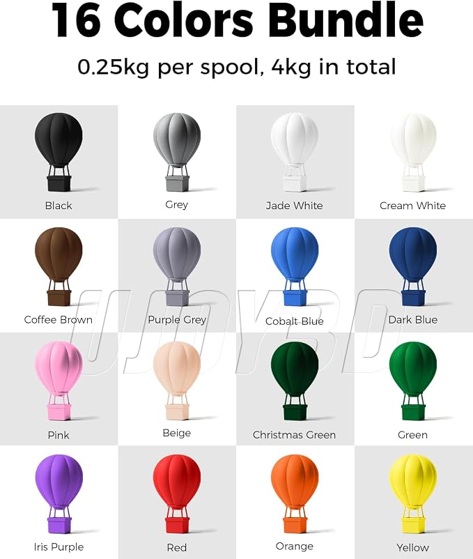 UJOY3D 16 Color Pack PETG Filament Bundle, Multicolor Strong PETG 3D Printer Filament 1.75mm, Individually Vacuum Packed, 0.25kg per Spool, 16 Pack, Total 4kg
