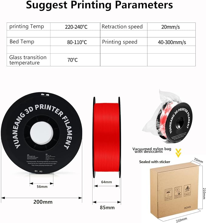 ABS 3D Printer Filament 1.75mm Red, 1kg Spool, Strong & Durable ABS Material, High Heat Resistance, Low Warping, ±0.03mm Precision, Ideal for Functional Parts, Prototypes