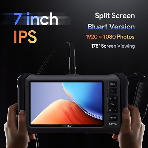 DEPSTECH DS650 210° Two-Way Articulating Borescope Tool, Industrial Endoscope Camera with Lights, 0.24in Slim Probe, DS700SE 7'' IPS Endoscope Camera with Lights, 1080P Triple-Lens Digital Borescope