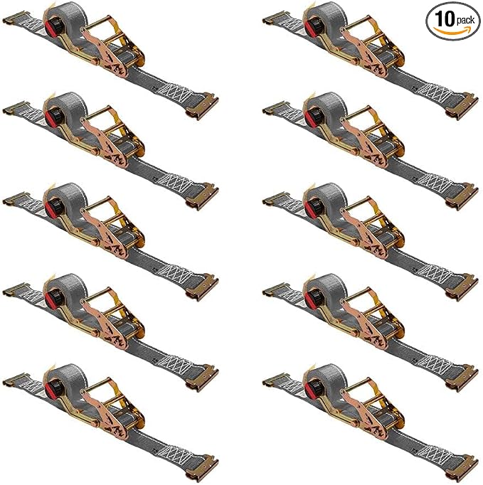 Mytee Products 10 Pk 2'' x 16' Rocker Winder Ratchet Straps for E-Track - Tie Down Straps with 4,500 lbs BS - Self Ratcheting Strap for Boat, Jet Ski, ATVs - Gray