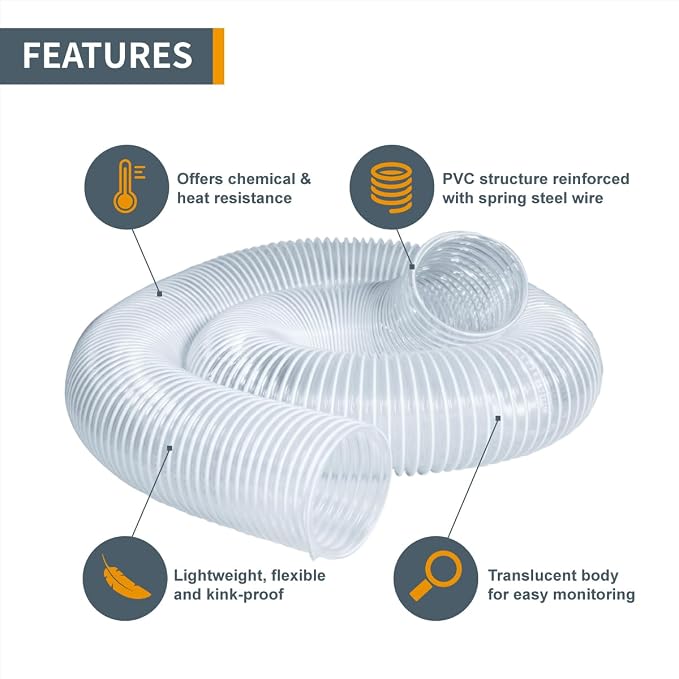 POWERTEC 4" x 20' Flexible PVC Dust Collection Hose with 5pcs Stainless Steel Key Hose Clamps for Table Saw, Band Saw, Planer, Jointer, Woodworking and Garage, Woodshop Dust Collection System (70455)