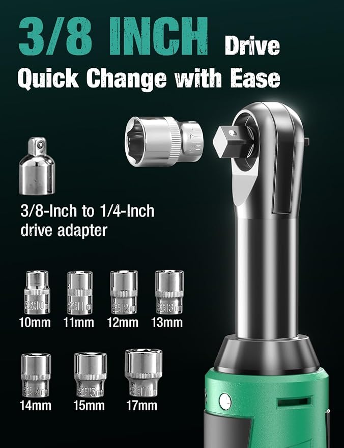 KIMO Extended Cordless Ratchet Wrench 3/8" Set, 400RPM 40Ft-Lbs 4-Inch Long Neck Electric Ratchet Wrench w/Variable Speed, 7 Sockets & 1/4" Adapter, 12V Power Ratchet Wrenches w/ 2x2.0 Ah Batteries