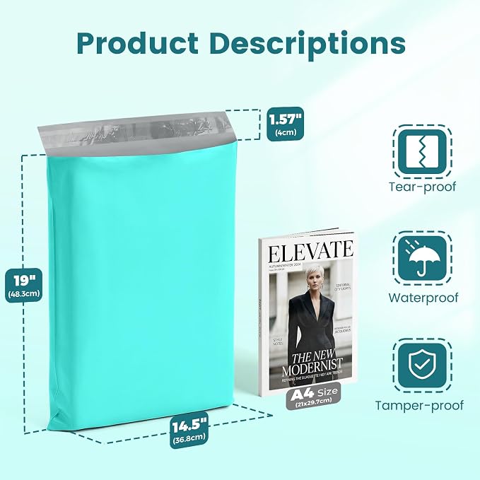 Metronic Teal Poly Mailers 14.5x19 50PC, Large Poly Mailers for Small Business Self-Seal Shipping Bags for Clothing, Shipping Envelopes, Packaging Bags, Mailing Poly Bags