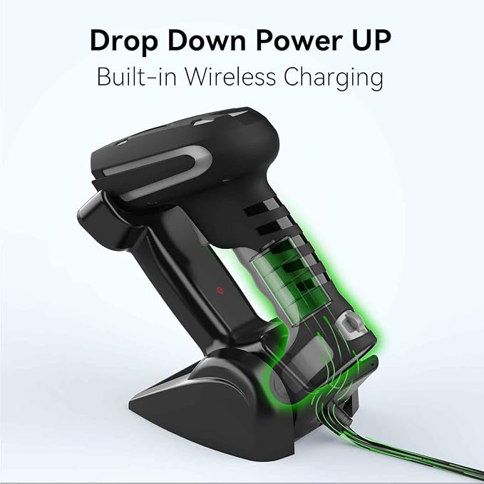 Alacrity Long Distance 1D 2D Industrial Barcode Scanner, Wireless Charging Cradle, 433Mhz Wireless & Bluetooth Barcode Reader, Shock Dust Proof Hands Free, Grey