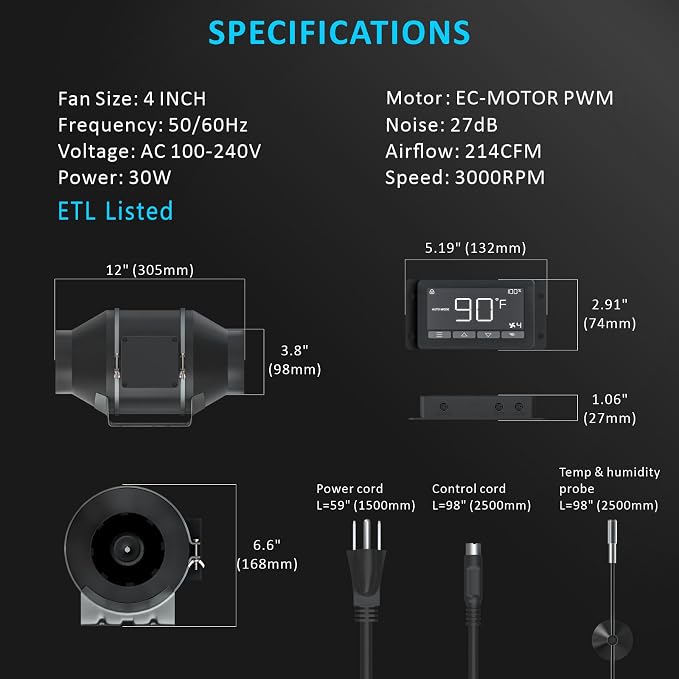 Toolazy 4 Inch Inline Duct Fan with WiFi App Control, 214 CFM Quiet EC Motor Ventilation Fan with Temperature Humidity Sensor, Smart Exhaust Fan for Grow Tent, Hydroponics, HVAC, 3D Printer