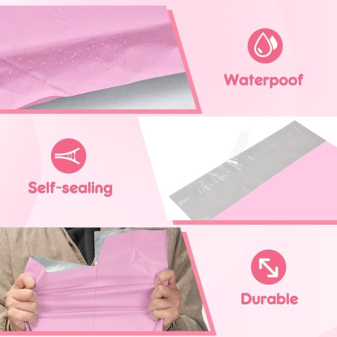 Fuxury Poly Mailers 12x15.5" 300PC Pink Shipping Bags for Clothing with Easy-Open Tear Strip & Easy-Store Hanging Holes, Strong Self-Seal Waterproof Shipping Envelopes Mailing Bags for Small Business