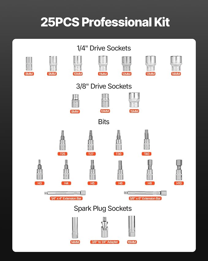 VEVOR 26Pcs Torque Wrench Set, 3/8 Inch Drive, 3.7-44.3FT.LB(5-60Nm), 72-Tooth Click Torque Wrench with Hex/Torx/Spark Plug Sockets, Extension Bars, 1/4 Adapter, for Bicycle Motorcycle Maintenance