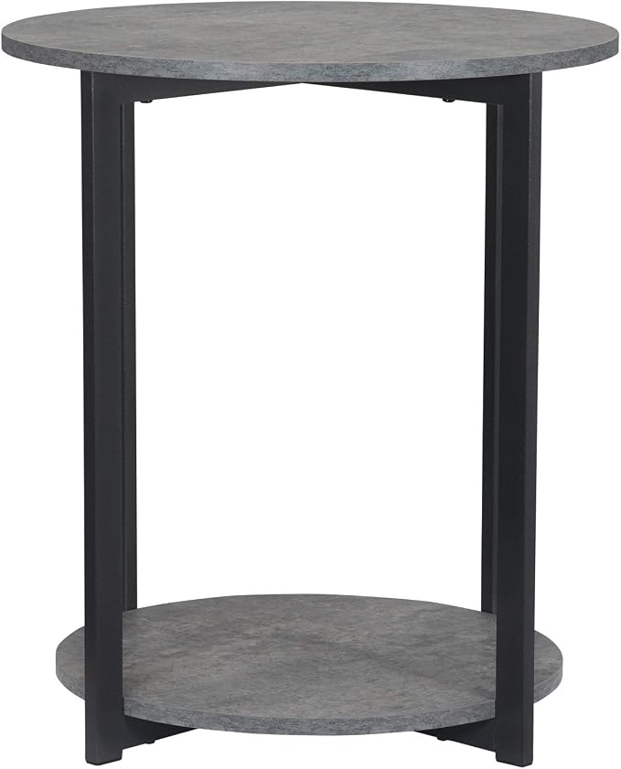 Household Essentials Jamestown Round Side End Table with Storage Shelf Rustic Slate Concrete and Black Metal