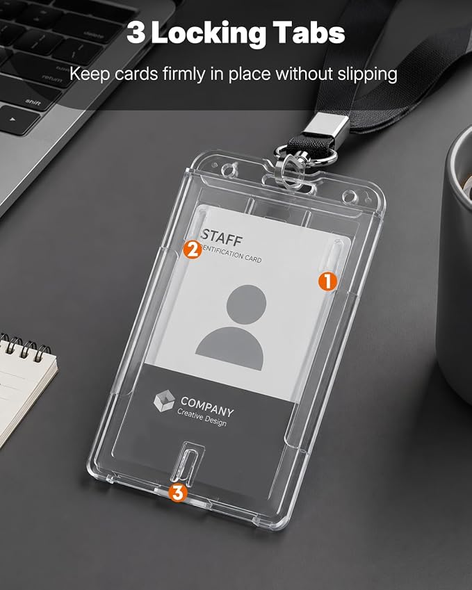 Pawfly 2 Pack Vertical 2-Card Badge Holders for Office School IDs | Rigid transparent PC case holds 2 cards vertically thumb slot allows easy card removal for office, school and access IDs