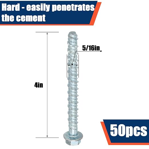 Tandefio 50 Pack 5/16" x 4" Concrete Screw Anchor Galvanized Large Diameter Heavy Duty Plated Concrete Anchors for Masonry Brick Anchoring Block Decking Framing Hex Drive