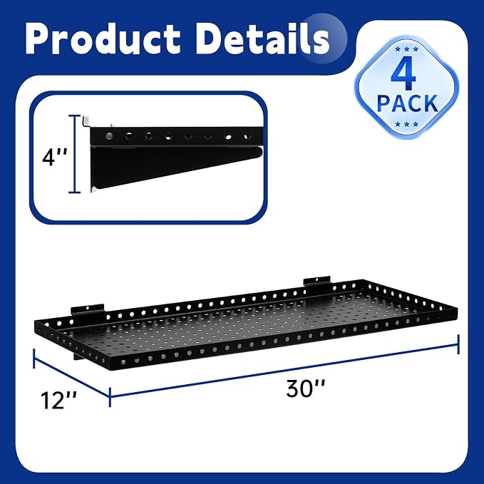 Heavy Duty Slatwall Shelf 30x12Inch, Steel Slatwall Accessories Storage Rack for Garage, Retail, Workshop (4, 30x12Inch)