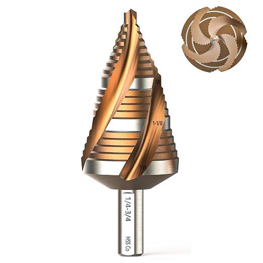 7/8" - 1-3/8" Four Spiral Flute Step Drill Bit, Unibit Step Bits, 3/8" Hex Shank for Metal Aluminum, Wood, Plastic (19 Size)