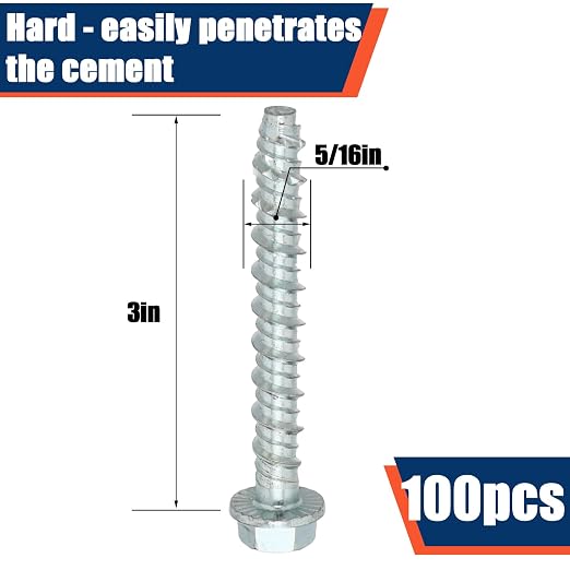 Tandefio 100 Pack 5/16" X 3" Galvanized Concrete Screws Large Diameter Anchors Concrete Screw Anchor Bolts Masonry Screw for Anchoring to Masonry Brick or Block