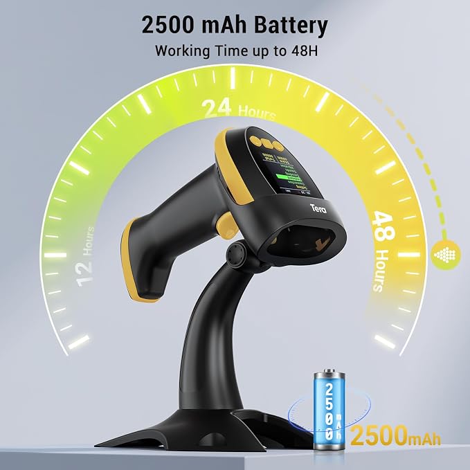 Tera Barcode Scanner Wireless 2D with Stand: Pro Version Digital Setting Screen Keypad Works with Bluetooth 2.4G Wireless USB Wired Extra Fast Scanning Speed Handheld Bar Code Reader HW0009-Z Yellow