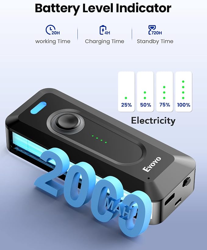 2-Pack Eyoyo 2D Bluetooth Barcode Scanner Wireless with Clip, 2000mAh Battery with Level Indicator, Portable Mini Barcode Reader for Library Inventory Compatible with iPhone, iPad, Android Phone