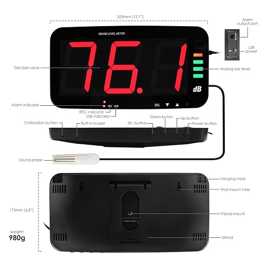 Decibel Meter Recorder 13 Inches Sound Level Meter, Wall Mount Noise Meter for Classroom Sound Meter with 16.4ft Sensor, Buzzer Alarm and Unlimited Data Logging, Noise Meter Decibel for Studio, Home