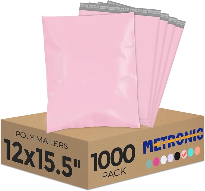 Metronic Poly Mailers 12x15.5 1000 Pack, Strong Adhesive Shipping Envelopes for Clothing, Medium Bulk Shipping Bags for Small Businesses, Mailers Poly Bags, Packages Bags Light Pink