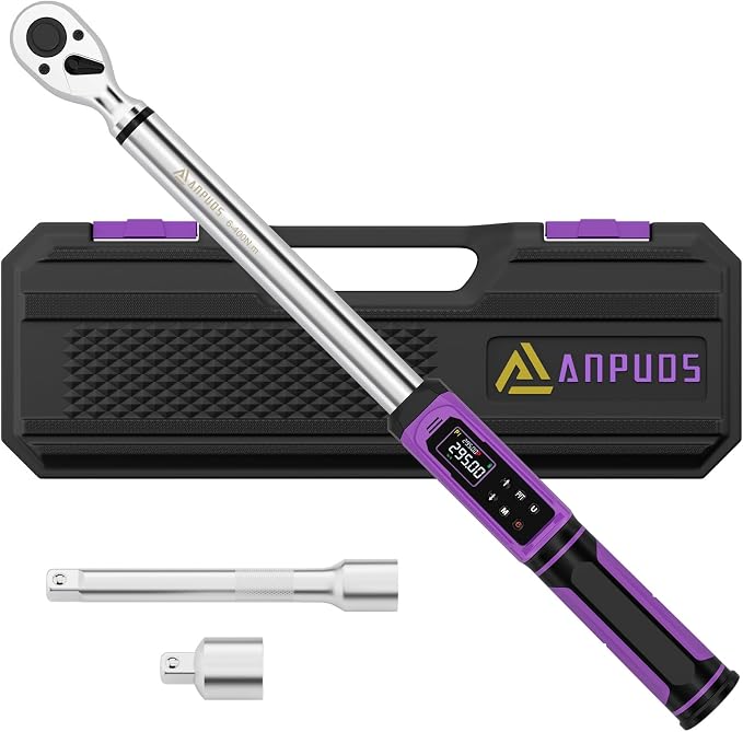 ANPUDS 1/2" Digital Torque Wrench, ±1% Accuracy, 4.43-295 Ft-lb | 9 Presets, 500 Data Storage, LED/Buzzer/Vibration Alerts, 5 Units, Color Display, Adapter & Extension for Auto Repair