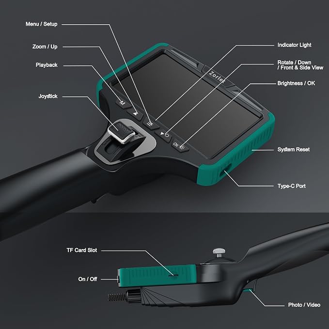 Two-Way Articulating Borescope Camera with Light, Industrial Endoscope Inspection Camera with 0.25 in Slim Articulated Probe, Waterproof Snake Scope for Mechanics & Engine Inspection (Green)