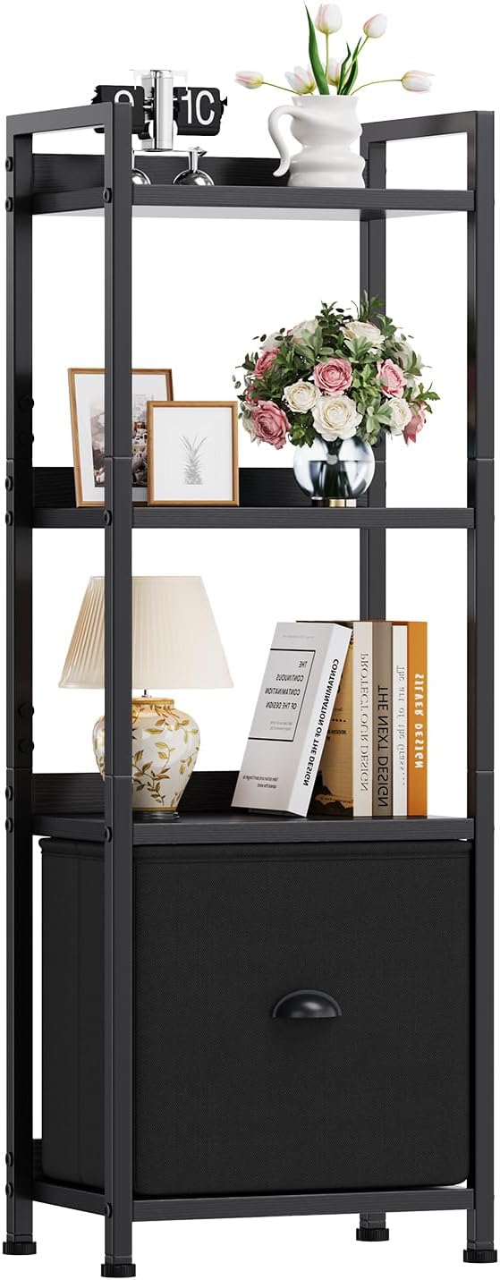 DUMOS 4 Tier Bookshelf with Fabric Drawer, Industrial Bookcase, Narrow Display Standing Shelf, Wood and Metal Storage Shelf Organizer in Bedroom, Living Room, Black