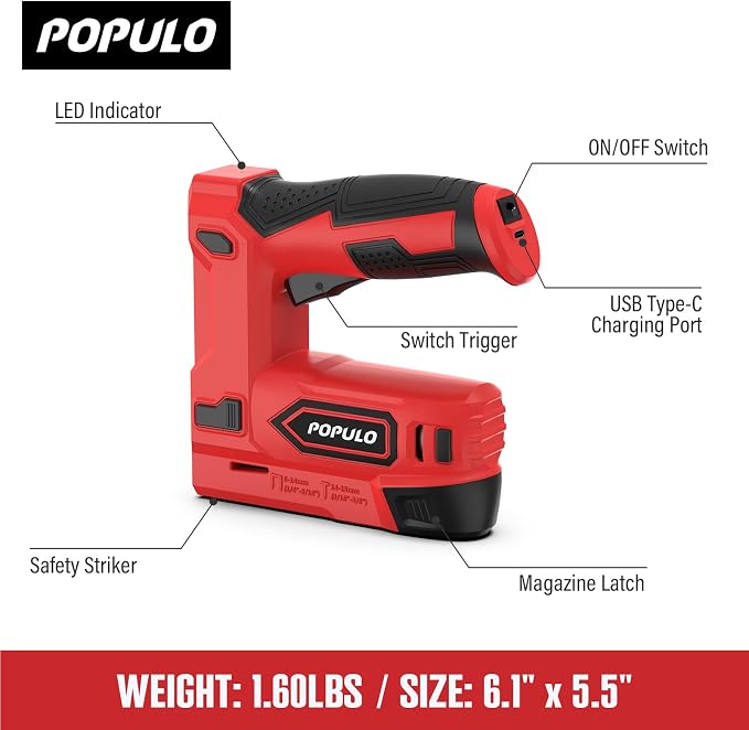 POPULO Electric Staple Gun, 2 in 1 Electric Stapler Tacker 4V Cordless Brad Nailer Kit, Battery Powered Nail Gun for Upholstery, Carpentry, DIY with Staple Remover, 1600 Staples and Nails, Red