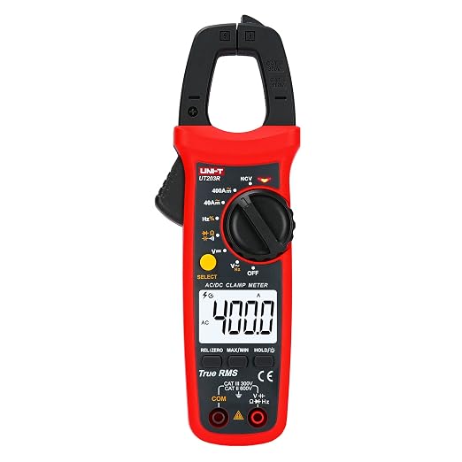 UNI-T Digital Clamp Meter UT203R AC Current True RMS Volt Amp Ohm Meter HVAC Clamp On Multimeter, Auto Ranging 4,000 Counts NCV AC DC Voltage Frequency Resistance Capacitance Continuity Diode Tester