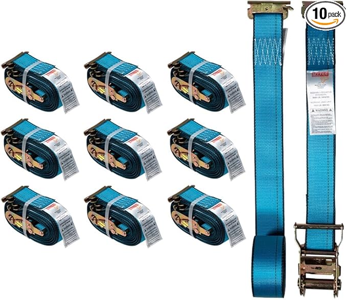 Mytee Products (10 Pack) 2'' x 20' E Track Straps w/Spring E-Fittings - Blue Ratchet Etrack Straps w/Heavy Duty 4000 lbs Breaking Strength for Enclosed Trailers, Trucks & Vans